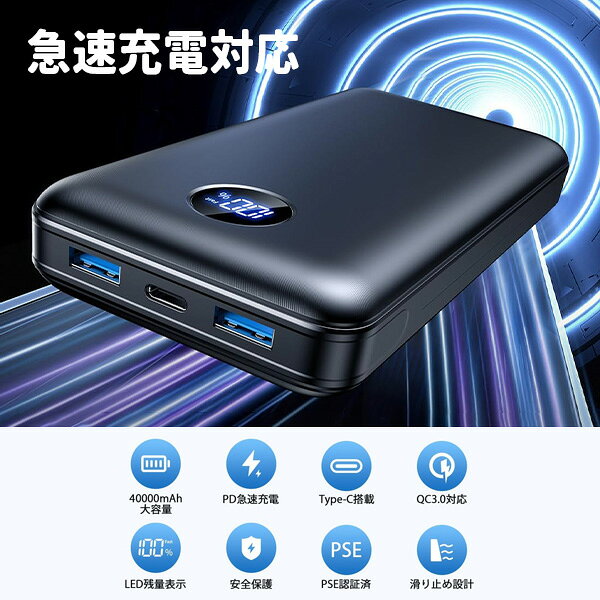 40000mAh PD対応 モバイルバッテリー ポータブル 大容量 MAX22.5W USB10Wホットマット使用可能 スマホ充電器 USB2口 Type-C1口 急速充電 防災 停電 防災グッズ iPhone Android PSE認証 宅急便 compia-10001639 compia サンプル画像2