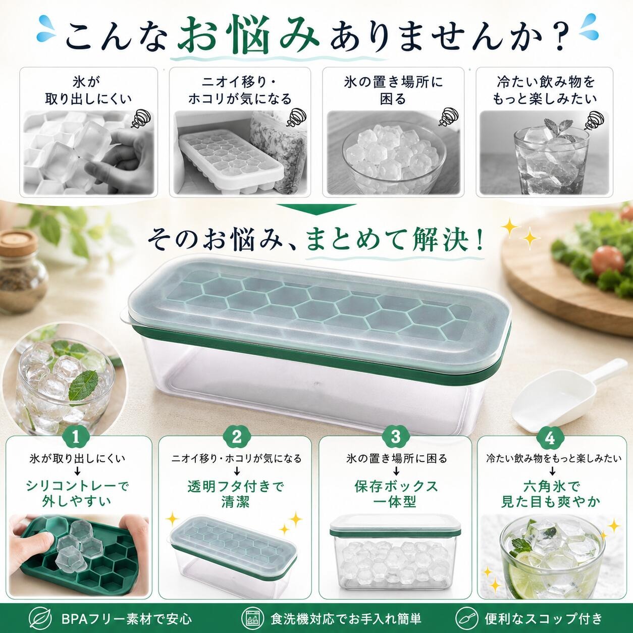 製氷皿 フタ付き 保存ボックス一体型 ハニカム六角氷 シリコントレー スコップ付き 食洗機対応 冷凍庫収納 家庭用製氷器 2