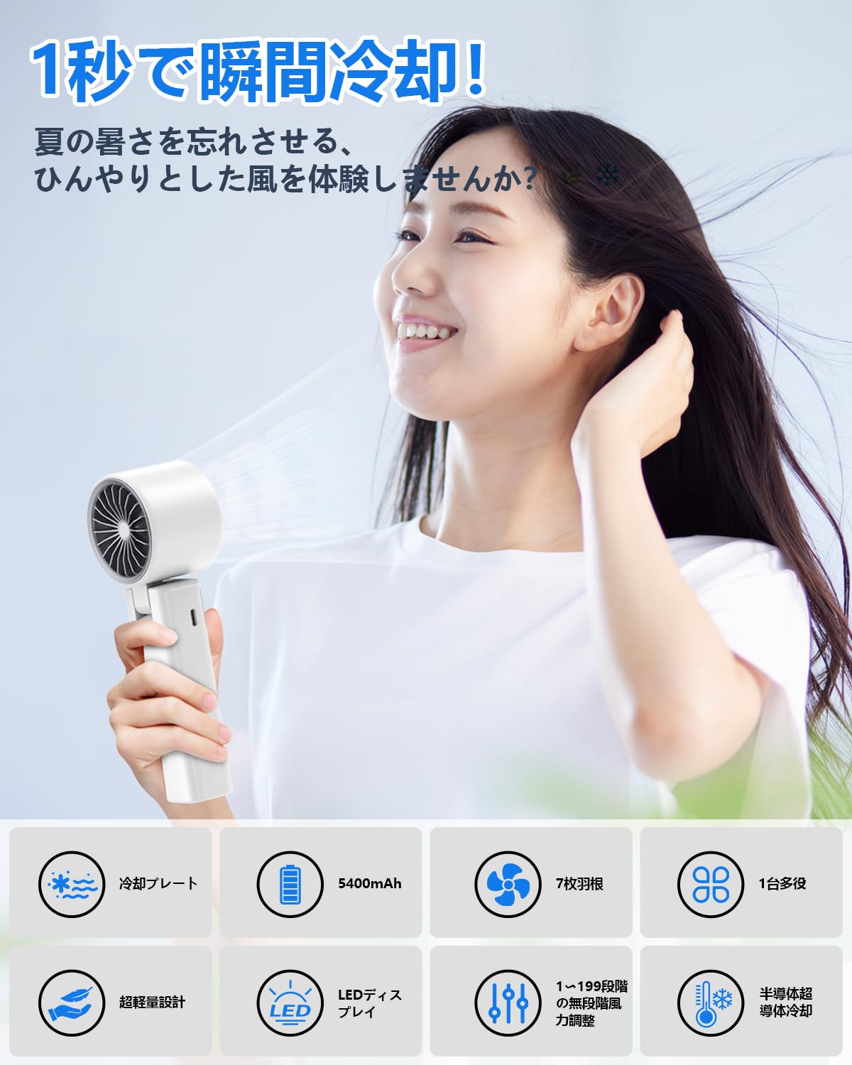 セール延長★P5倍＋特典!! 【2025年モデル】ハンディファン 手持ち扇風機 強力送風 冷却プレート -20℃瞬間冷却 携帯扇風機 7枚羽根 1〜199段階無段階風量調 5400mAh 充電式 ハンディ扇風機 小型扇風機 USB扇風機 Type-C 手持ち 残量表示 軽量 卓上 扇風機 熱中症対策
