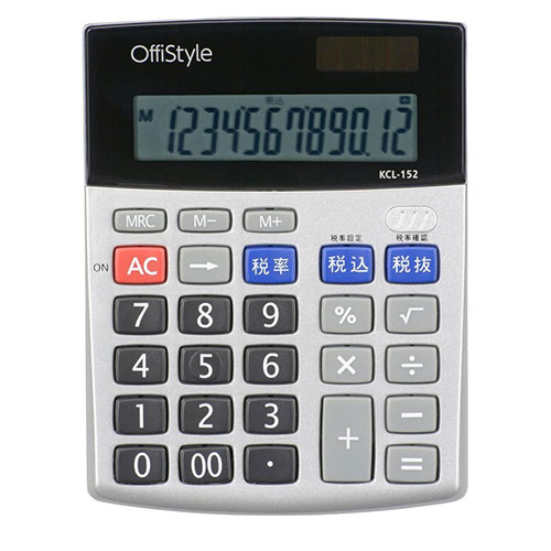 オーム電機 OffiStyle 税率電卓 卓上 12桁 07-8637 グレー(KCL-152) 取り寄せ商品