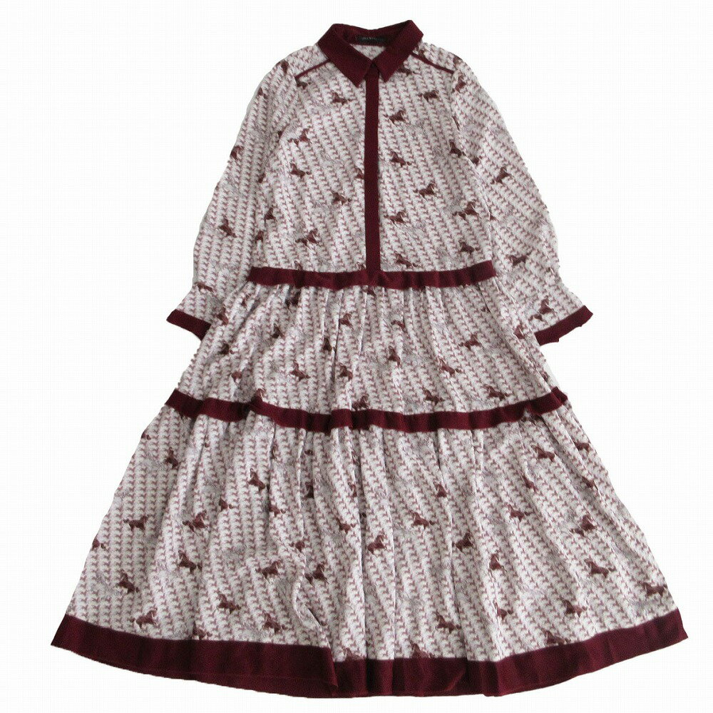 21SS ジルスチュアート JILL STUART フィリー ワンピース ホース柄 シャツ ドレス 長袖 ミディ 0 XS ホワイト エンジ ur133 【中古】