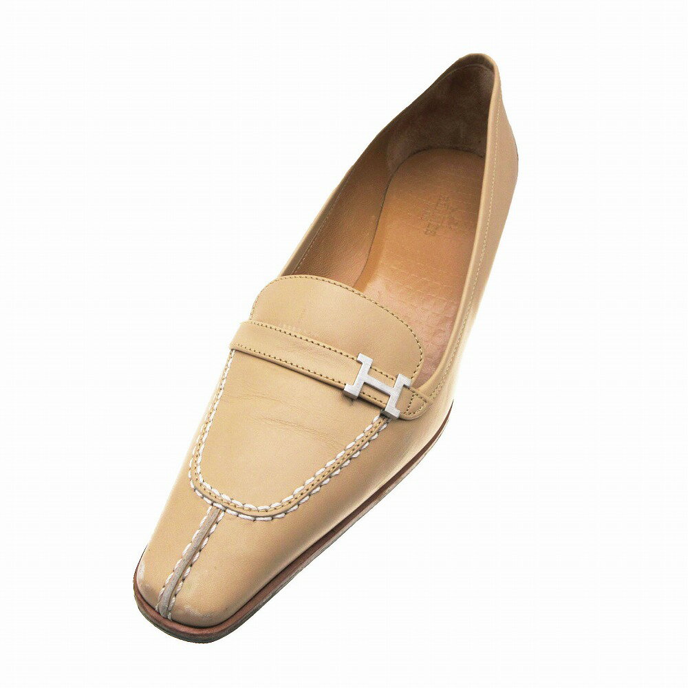 HERMES エルメス H金具 ローヒール パンプス ベージュ レザー サイズ23cm レディース 【中古】