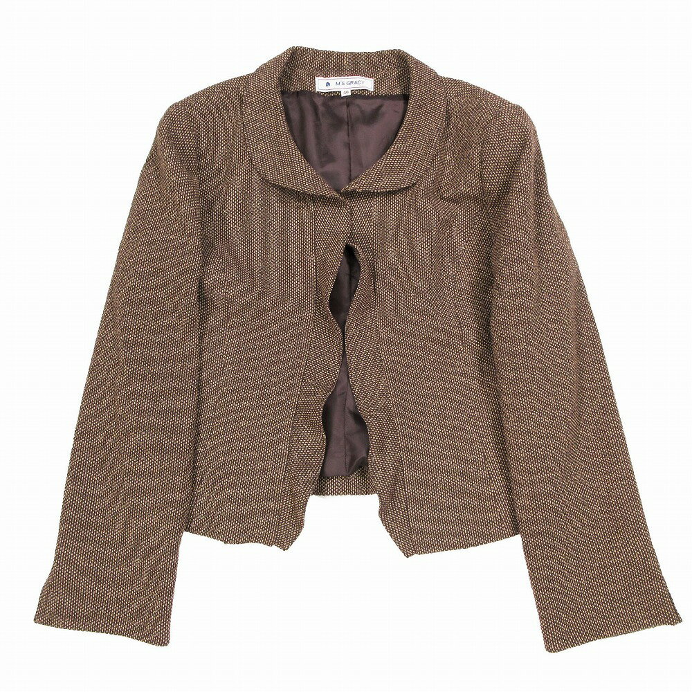 Ms GRACY エムズグレイシー 総柄 スーツ セットアップ フリルジャケット ベロアワンピース ブラウン レディース 【中古】