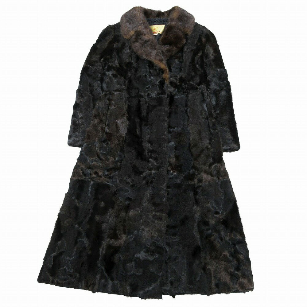 MITSUKOSHI 三越 毛皮 ロング コート ジャケット Aライン テーラード リアルファー アウター 11号 ブラ..