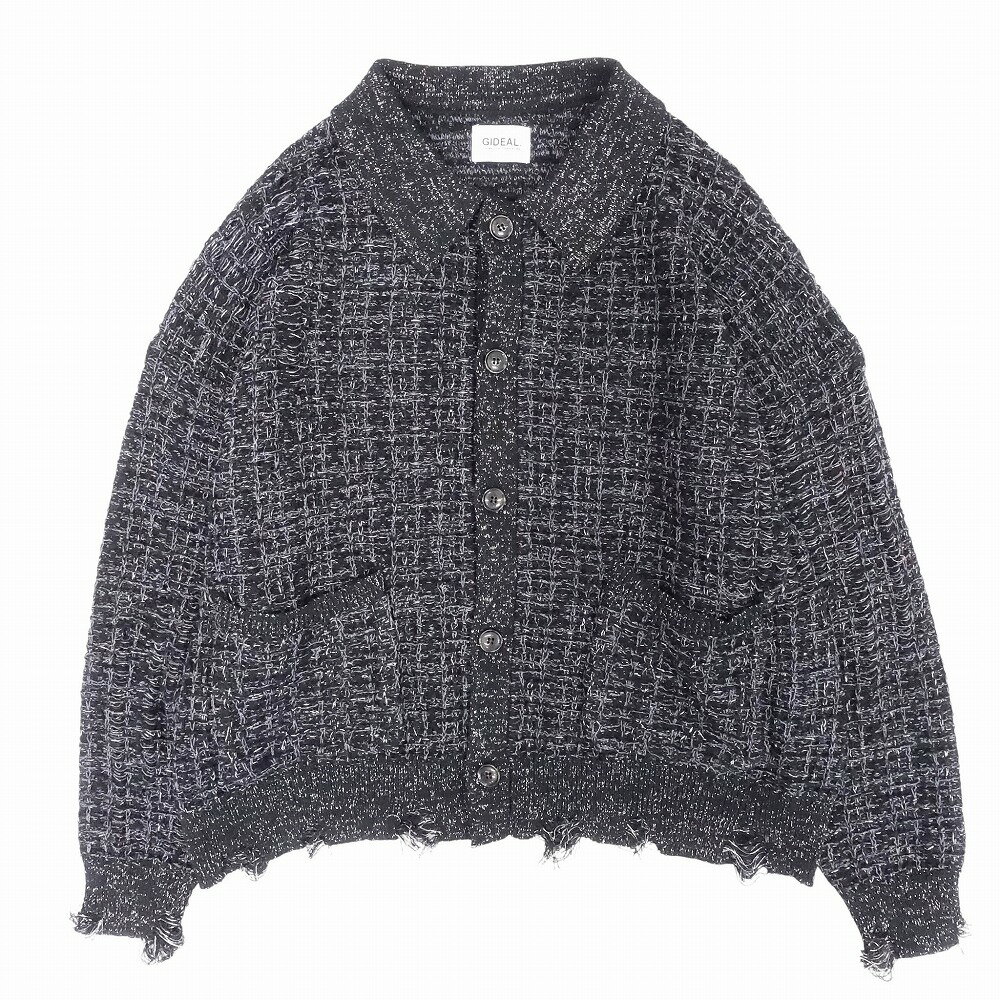 GIDEAL ジディール ラメ スリット カーディガン ニット ジャケット ダメージ加工 サイズ2 M ブラック ..