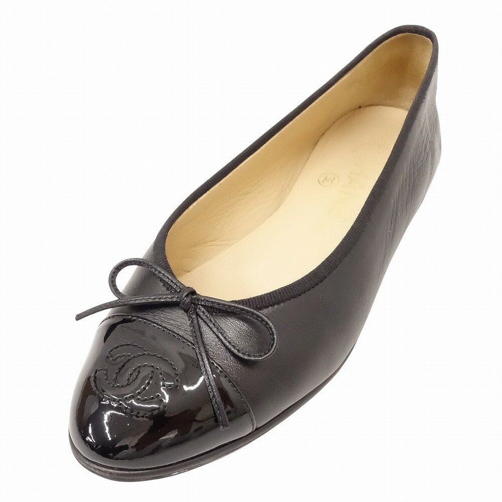 CHANEL シャネル バレリーナ バレエシューズ リボン フラット ココマーク レザー パテント 靴 34.5 21.5cm 黒 レディース 【中古】 /TNT