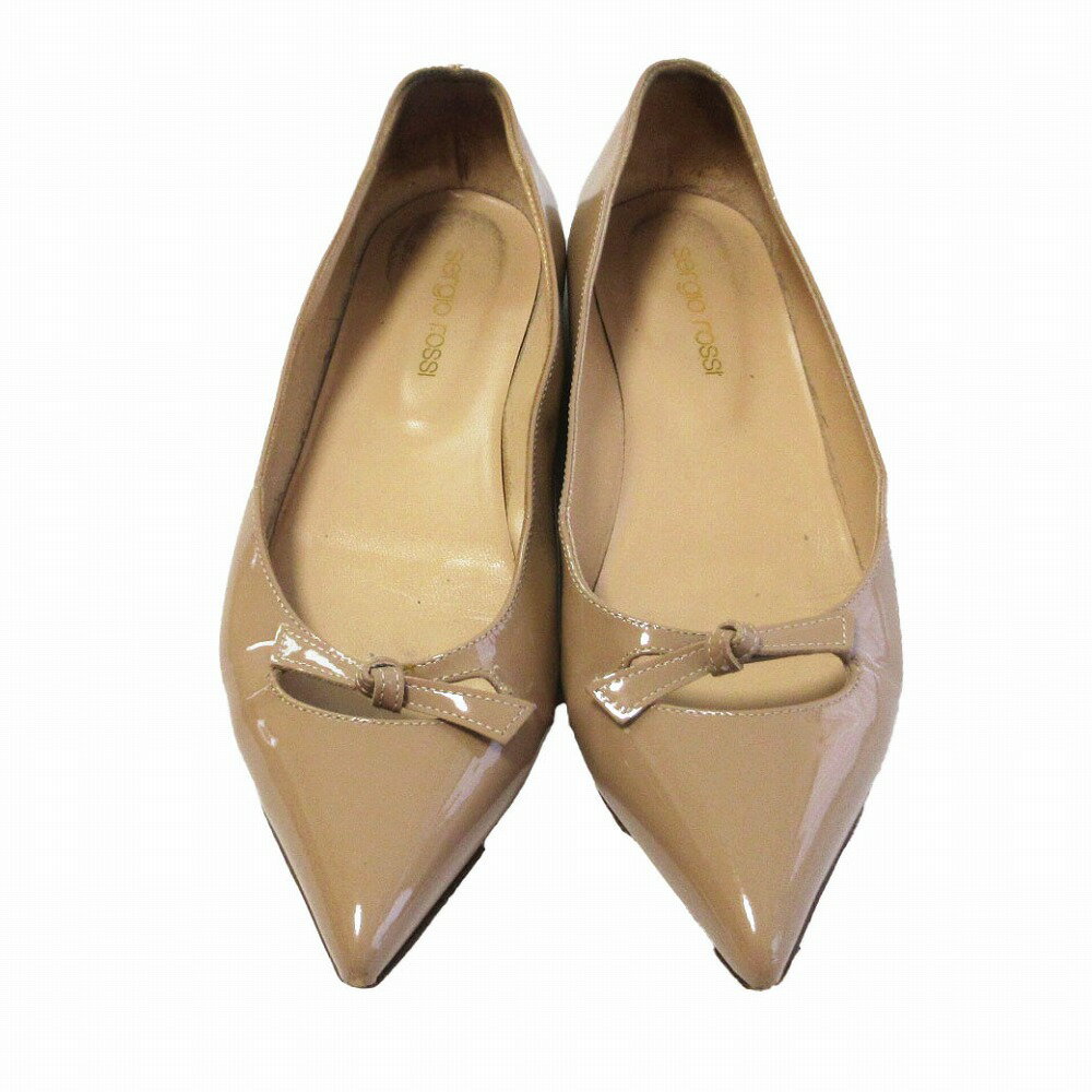 Sergio Rossi セルジオ ロッシ エナメル リボン フラットシューズ ピンクベージュ サイズ23cm A86630 レディース 【中古】