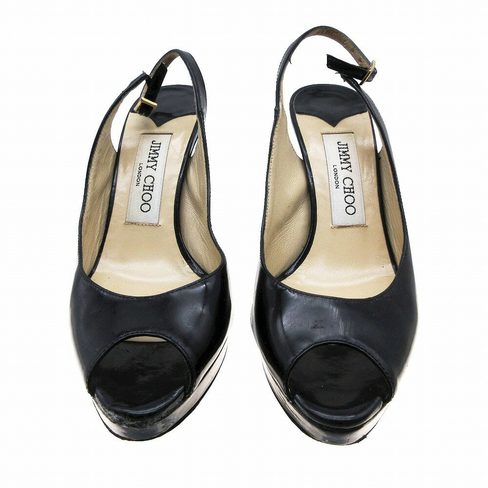 JIMMY CHOO ジミーチュウ エナメル パテントレザー オープントゥ スリングバック サンダル シューズ 黒 22cm レディース 【中古】