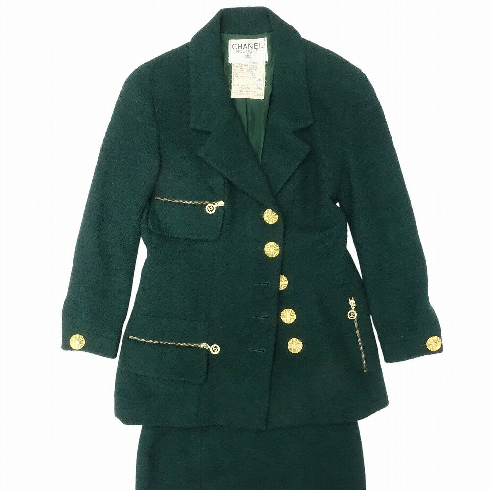 良品 Vintage CHANEL シャネル セットアップ ツイード ジャケット スカート 金ボタン オールド スーツ 緑 38 M レディース 【中古】 /TNT