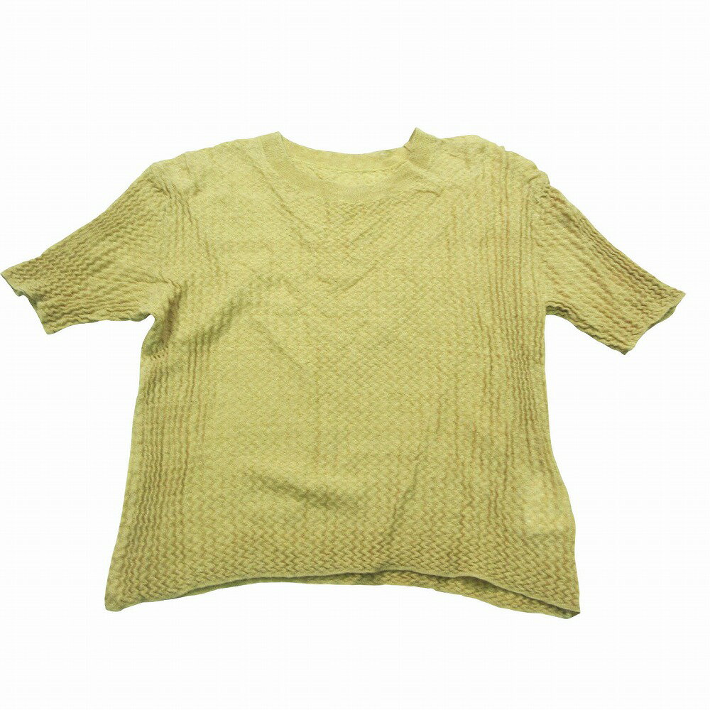 human woman ヒューマンウーマン ウェーブニット Tシャツ 半袖 クルーネック 薄手 リネン ナイロン M ベージュ系 レディース 【中古】