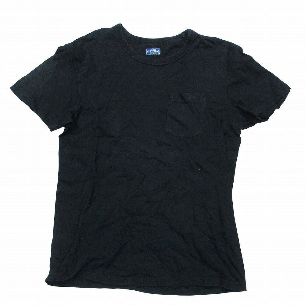 FLAT HEAD フラットヘッド クルーネック ポケット Tシャツ 半袖 ロゴ 刺繍 ポケT ストレッチ M ブラック メンズ 【中古】