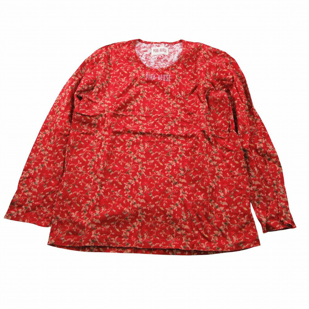 Vintage PINK HOUSE ピンクハウス 花柄 ロゴ Tシャツ カットソー 長袖 ロンT コットン トップス レッド 赤 レディース 【中古】