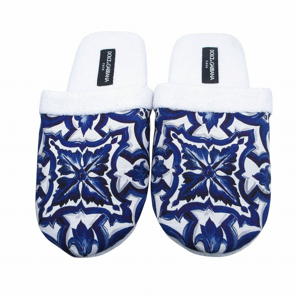 極美品 DOLCE&GABBANA CASA ルームスリッパ シューズ メディテラネオ柄 ブルー ホワイト L メンズ 【中古】