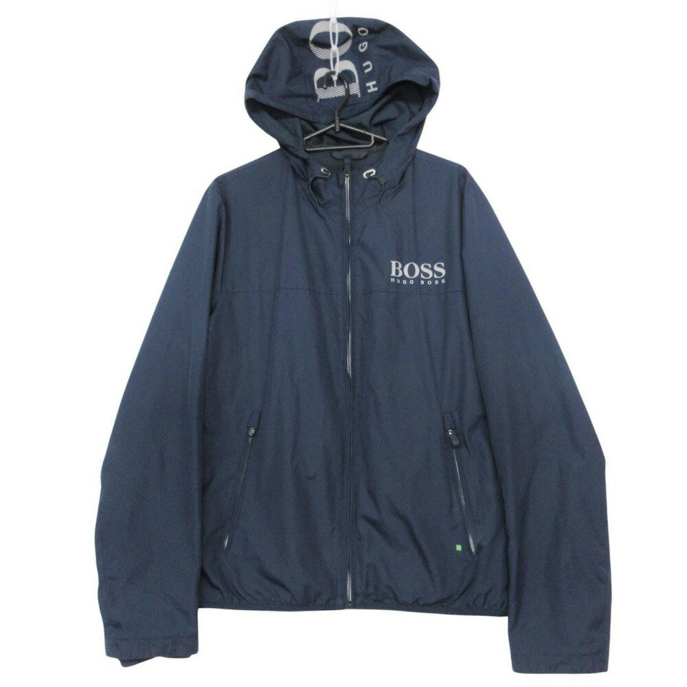 HUGO BOSS ヒューゴボス ロゴ プリント ナイロン ジップ ジャケット フーデッド パーカー ブルゾン S ネイビー メンズ 【中古】