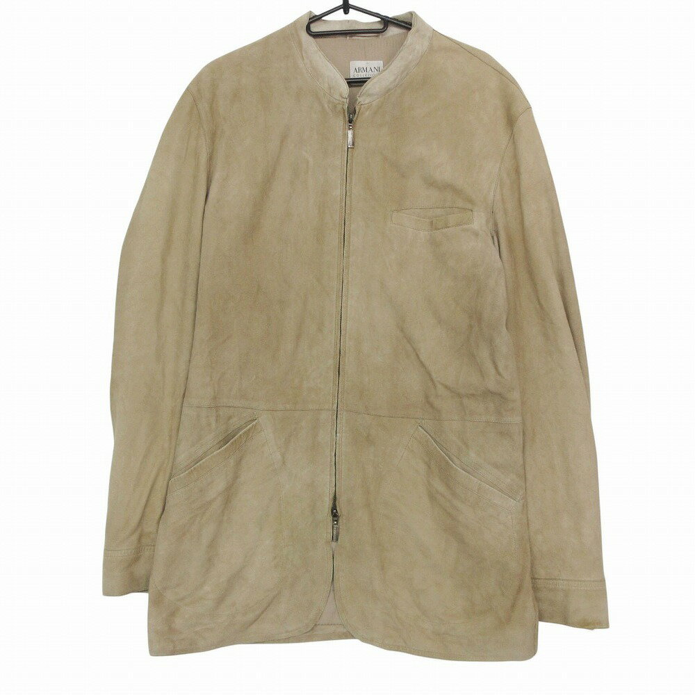 Rakuten - ARMANI COLLEZIONI アルマーニコレッツォーニ ノーカラージャケット スエード ジップアップ ジャケット アウター ベージュ 50【L】 メンズ 【中古】
