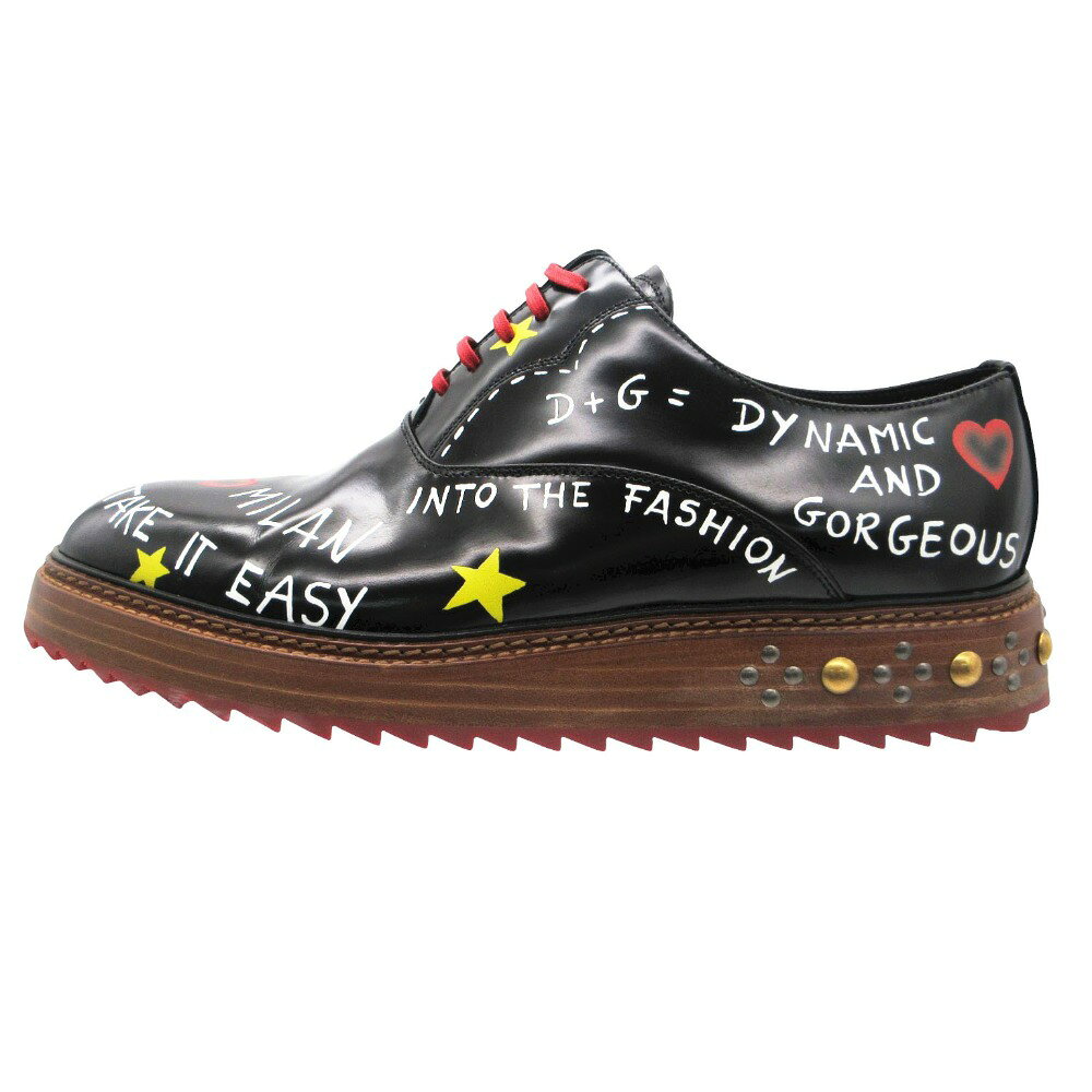 乐天商城 - DOLCE&GABBANA ドルチェアンドガッバーナ ドレスシューズ レザー オックスフォード レースアップ スタッズ グラフィック ペイント シャークソール 革靴 7.5 ブラック 26.5cm メンズ 【中古】