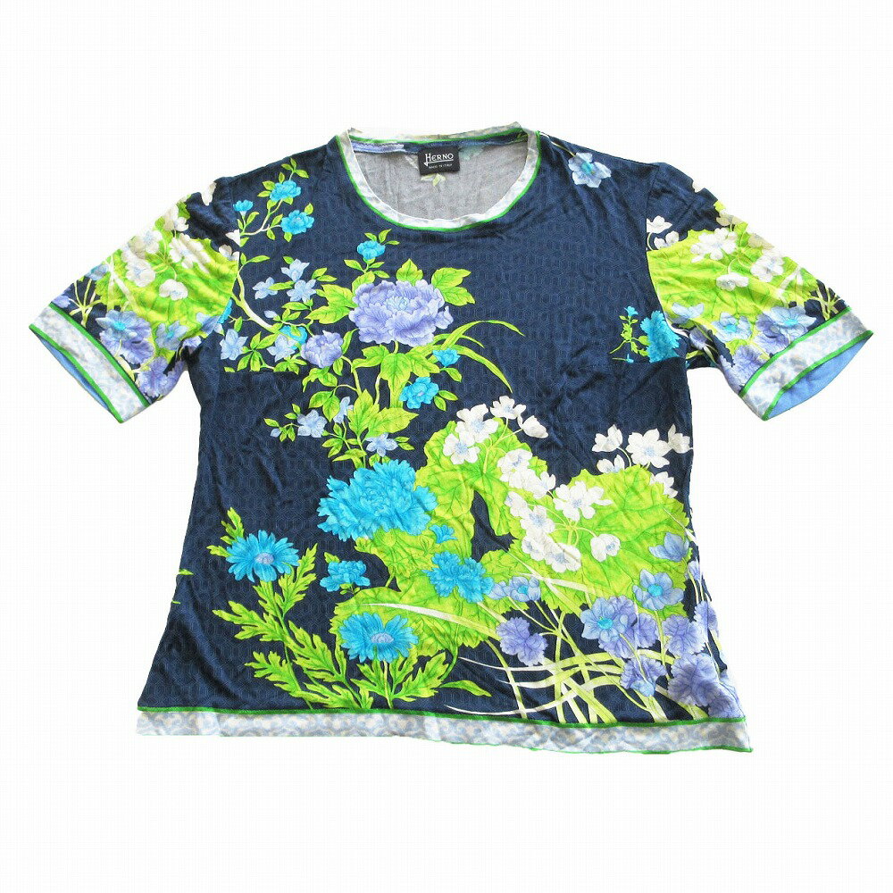 乐天商城 - Herno ヘルノ 半袖Tシャツ フラワー総柄 プリント ストレッチ クルーネック カットソー ネイビー 40 レディース 【中古】