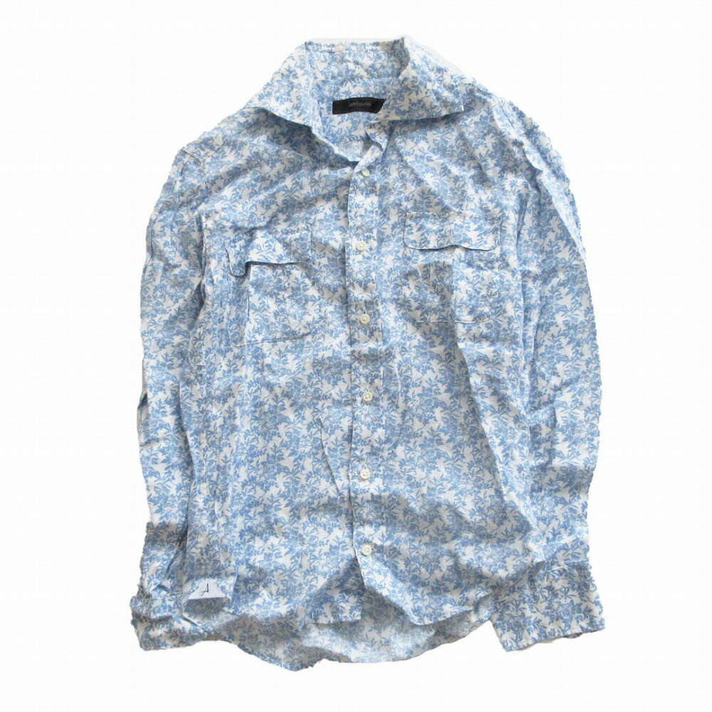 Rakuten - ARTISAN アルチザン 長袖シャツ リバティ柄 総柄 リネン 100％ ホリゾンタルカラー カッタウェイ ボタニカル カットソー ブルー S メンズ 【中古】