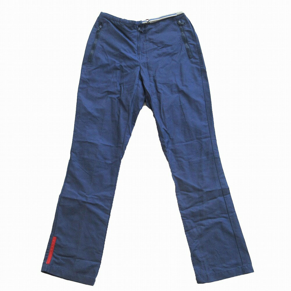 Pants - ヴィンテージ PRADA プラダ パンツ ベルト付 ラバーロゴ コットン スリム スラックス ブルー 38【S】 レディース 【中古】