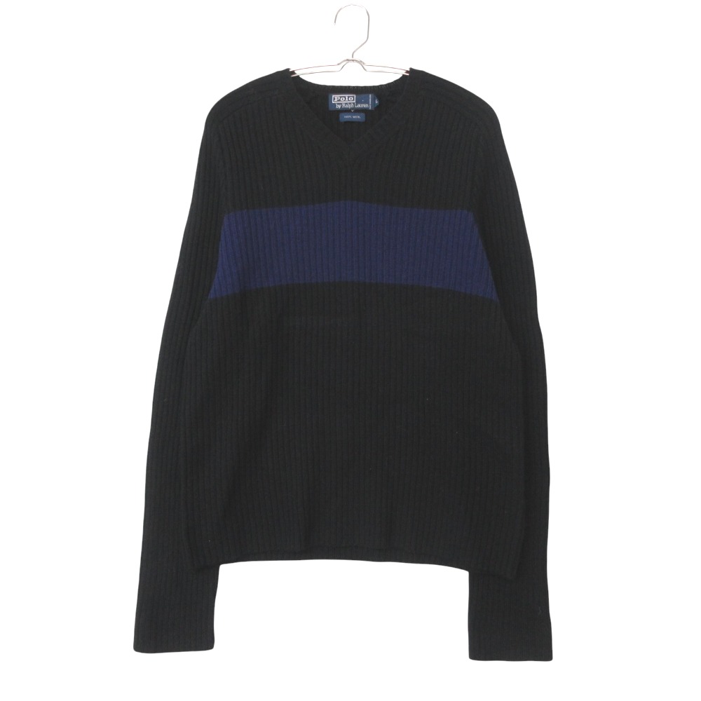 乐天商城 - POLO RALPH LAUREN ポロ・ラルフローレン ニット バイカラー リブニット セーター Vネック 長袖 トップス ブラック L メンズ 【中古】