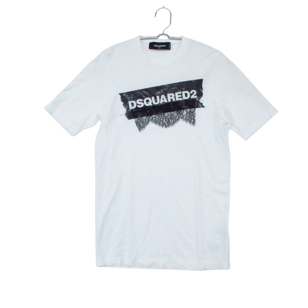 樂天商城 - 19SS DSQUARED2 ディースクエアード 半袖Tシャツ ロゴ プリント 刺繍 レース クルーネック カットソー トップス ホワイト XS【XS】 レディース 【中古】