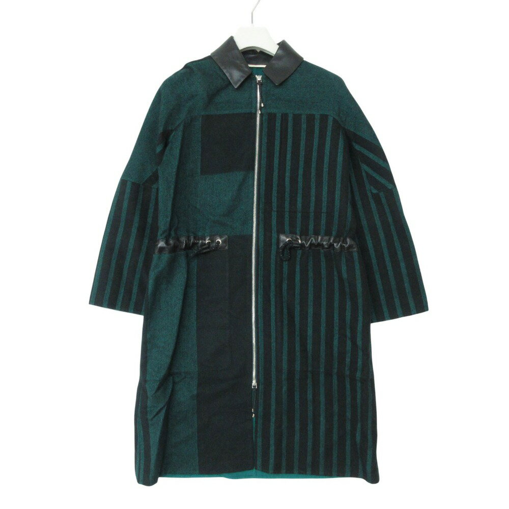 Rakuten - 美品 19AW HERMES エルメス ステンカラーコート カシミヤ100% ストライプ柄 レザー切替 ジップアップ ロング アウター ブラック 36【S】 レディース 【中古】