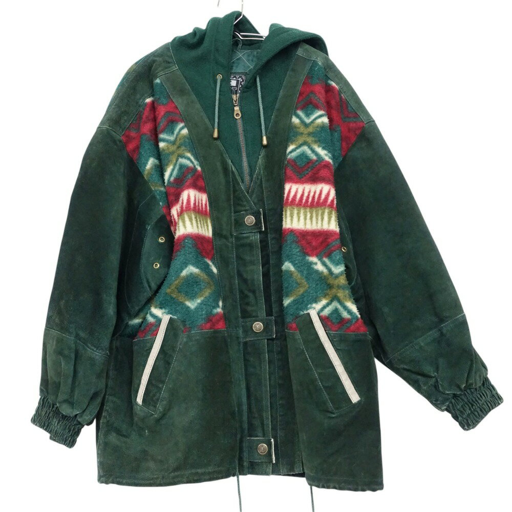 乐天商城 - 80s 90s Winlit ウィンリット ブルゾン フリース切替 レザージャケット ジップアップ アウター グリーン メンズ 【中古】