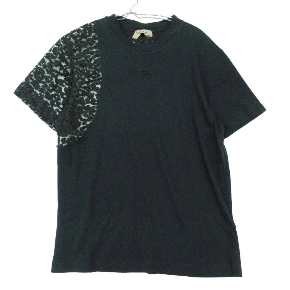樂天商城 - N°21 ヌメロ ヴェントゥーノ 半袖Tシャツ レース切替 シースルー ロゴ エンボス クルーネック ブラック 36【S】 レディース 【中古】