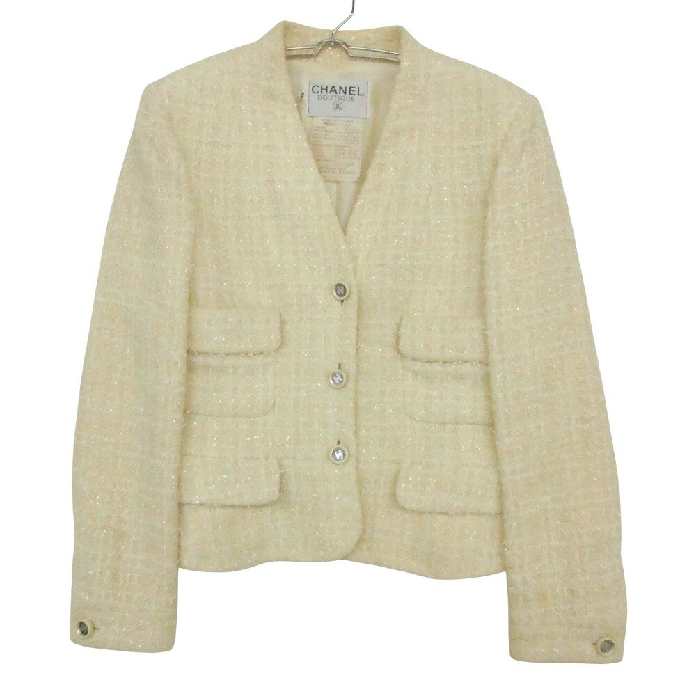 乐天商城 - 90s Vintage CHANEL シャネル ツイード ノーカラージャケット ブレザー CC ココマーク ミラーボタン 4つポケット 95C フランス製 ベージュ 38 レディース 【中古】