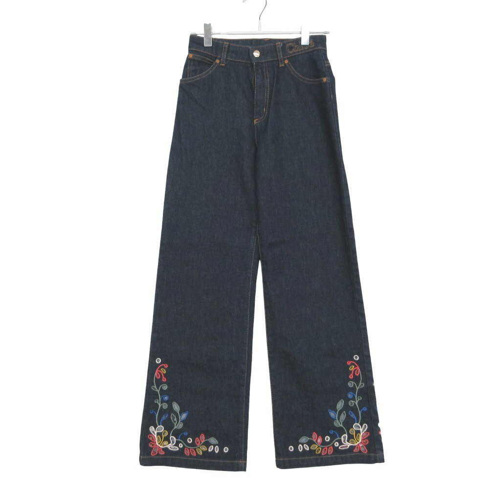 乐天商城 - 美品 Chloe クロエ ロゴ フラワー刺繡 デニムパンツ ジーンズ ボトムス ワイド キッズ ネイビー 12 150cm 【中古】