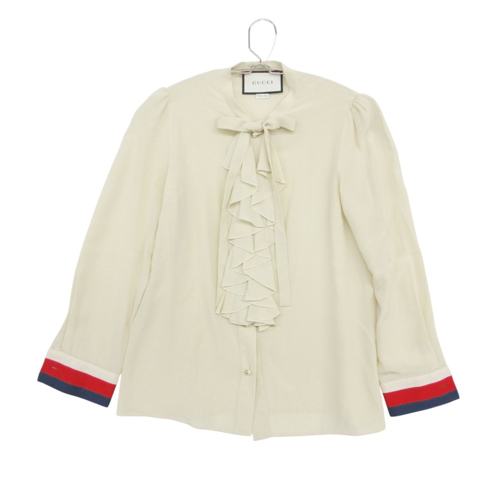 Rakuten - GUCCI グッチ 長袖シャツ フリル ブラウス ボウタイリボン GG パールボタン トップス ベージュ 36 レディース 【中古】
