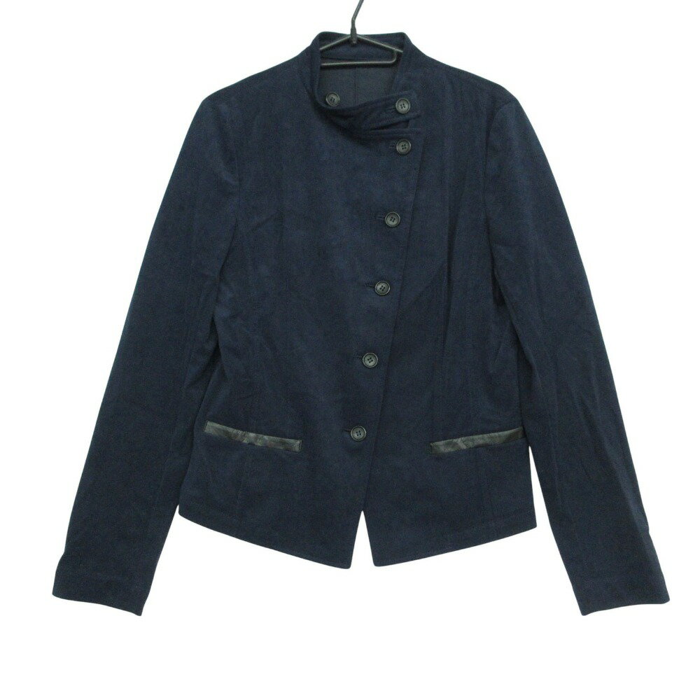 Rakuten - TRUSSARDI トラサルディ TRU トゥルー ライダースジャケット ダブル 薄手 ベロア ストレッチ ブルゾン アウター 上着 ネイビー 38【M】 レディース 【中古】
