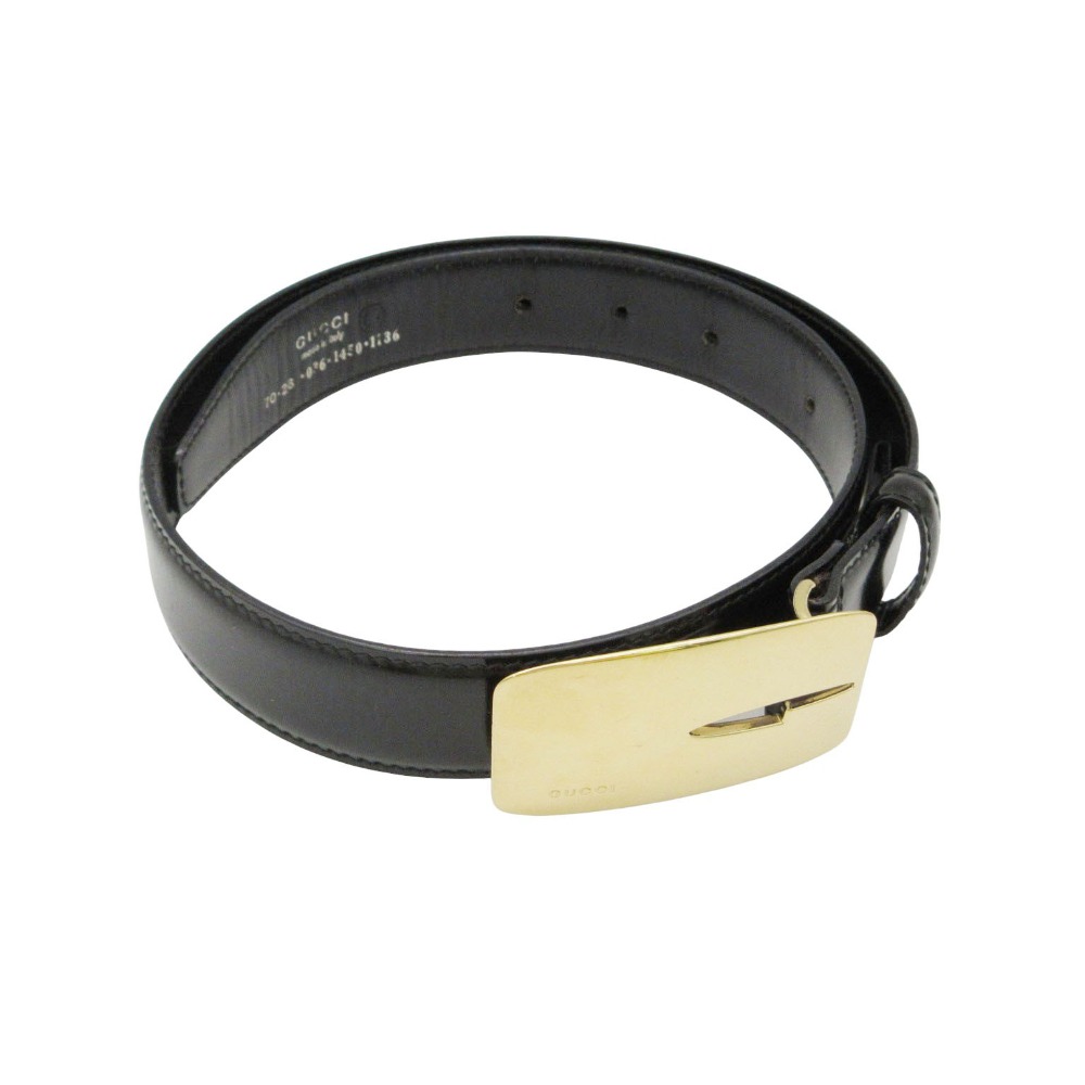 乐天商城 - GUCCI グッチ ベルト 無地 レザー ロゴ入り ゴールドバックル プレート ブラック 70 メンズ 【中古】