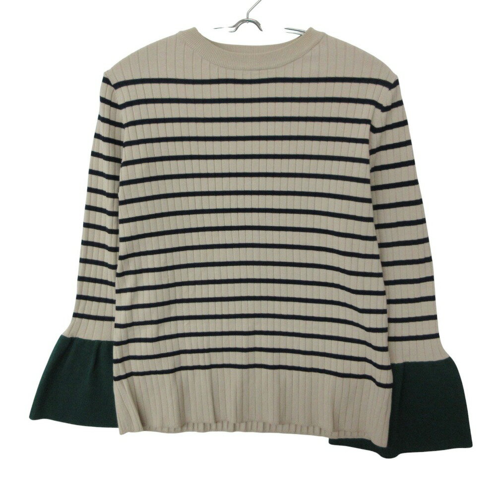 乐天商城 - 17AW Mira Owen ミラオーウェン カットソー ボーダー柄 リブニット クルーネック フレアスリーブ 長袖 トップス ベージュ 0 155/80A【S】 レディース 【中古】