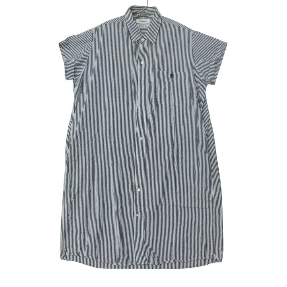 乐天商城 - 20SS GYMPHLEX ジムフレックス ワンピース ストライプ柄 半袖 シャツ ブラウス 膝丈 ハーフ ネイビー 14【M】 レディース 【中古】