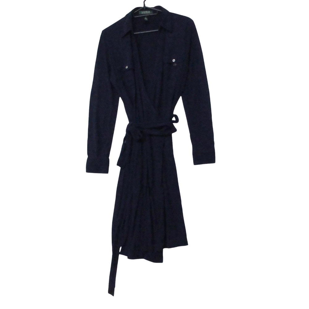 Rakuten - RALPH LAUREN ラルフローレン ラップ シャツ ワンピース 襟付きVネック ネイビー S レディース 【中古】