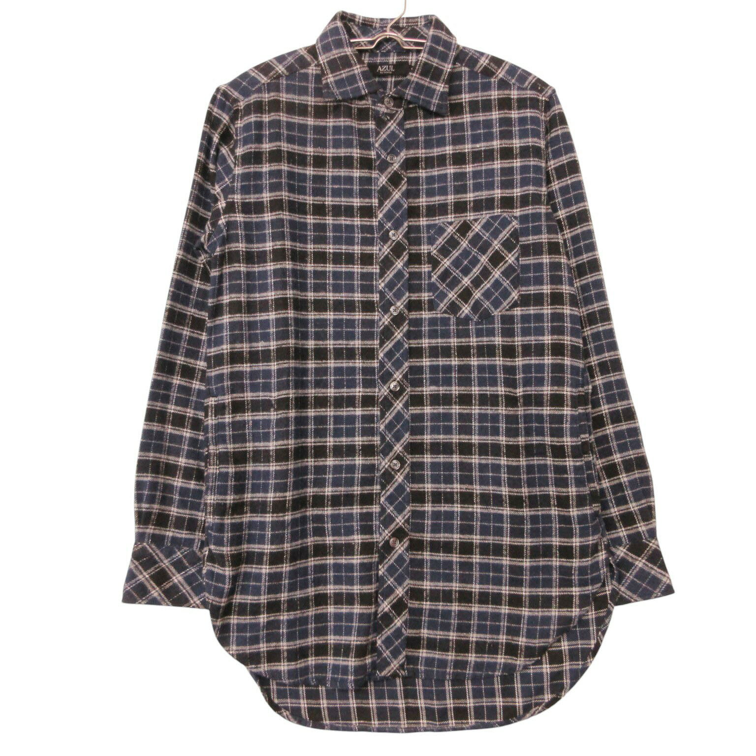 Rakuten - AZUL by moussy アズールバイマウジー 長袖シャツ チェック ロングシャツ ネイビー×ホワイト×ブラック メンズ 【中古】