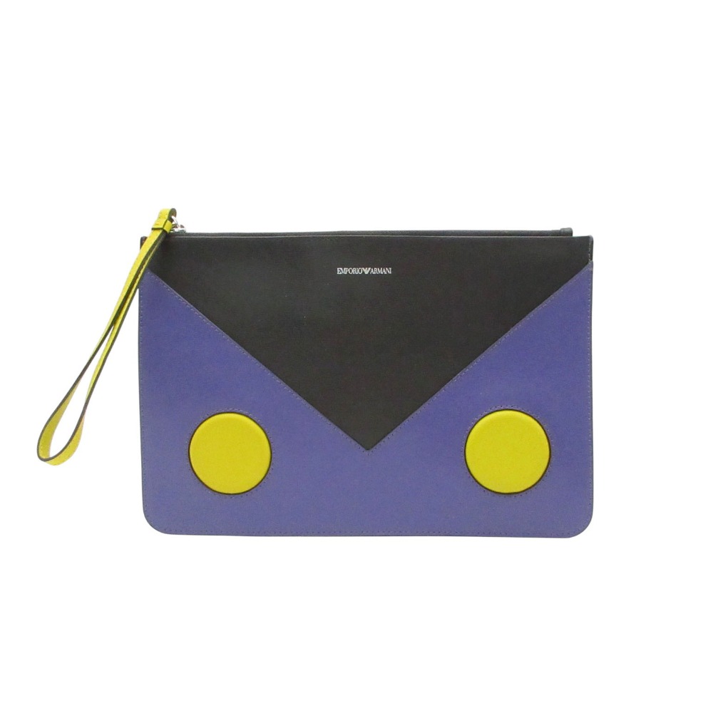 Rakuten - Emporio Armani エンポリオ・アルマーニ クラッチバッグ セカンドバッグ レザー 型押し 薄型 モード パープル ブラック メンズ 【中古】