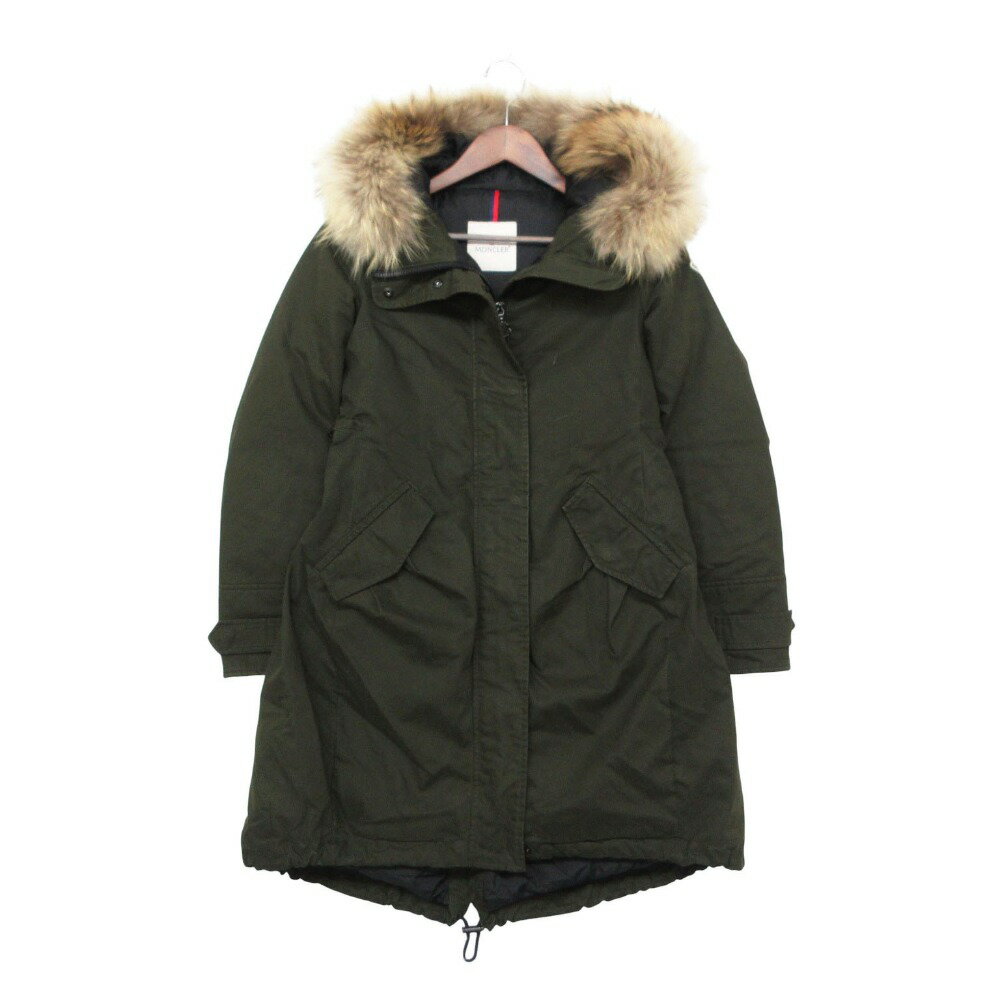 Rakuten - MONCLER モンクレール EVANTHIA エヴァンシア コート ダウン フーディ タヌキファー アウター ロング カーキグリーン 0【S】 レディース 【中古】