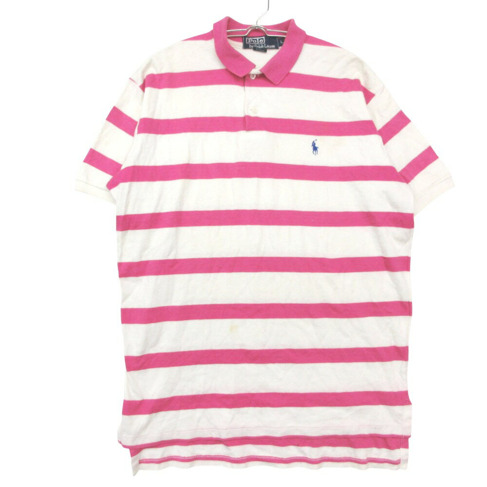 Rakuten - Polo by Ralph Lauren ポロバイラルフローレン ポロシャツ ポニー ロゴ 刺繍 ボーダー ジャージー ストレッチ素材 USA製 ピンク L メンズ 【中古】