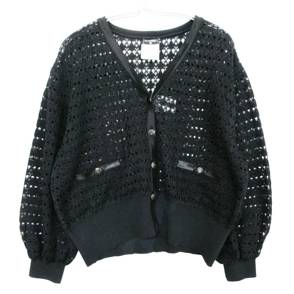 乐天商城 - 2013年 CHANEL シャネル カーディガン ココボタン 透かし編み メッシュニット P45680K05691 Vネック カットソー ブラック 40【M】 レディース 【中古】