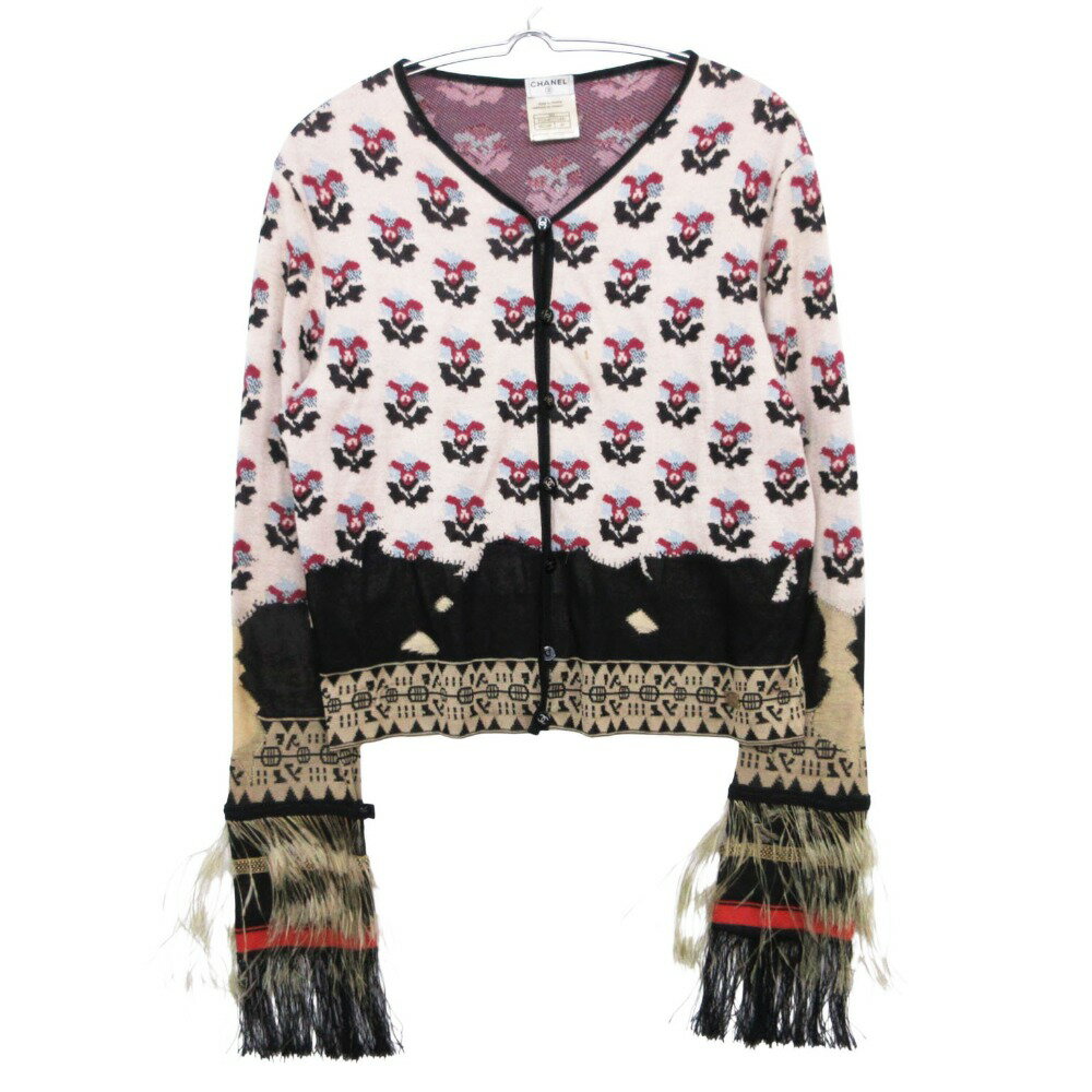 乐天商城 - CHANEL シャネル カーディガン ニット ジャケット Vネック 長袖 フリンジ フェザー 羽装飾 ココマークボタン 総柄 03A ピンクベージュ 42【L】 【中古】