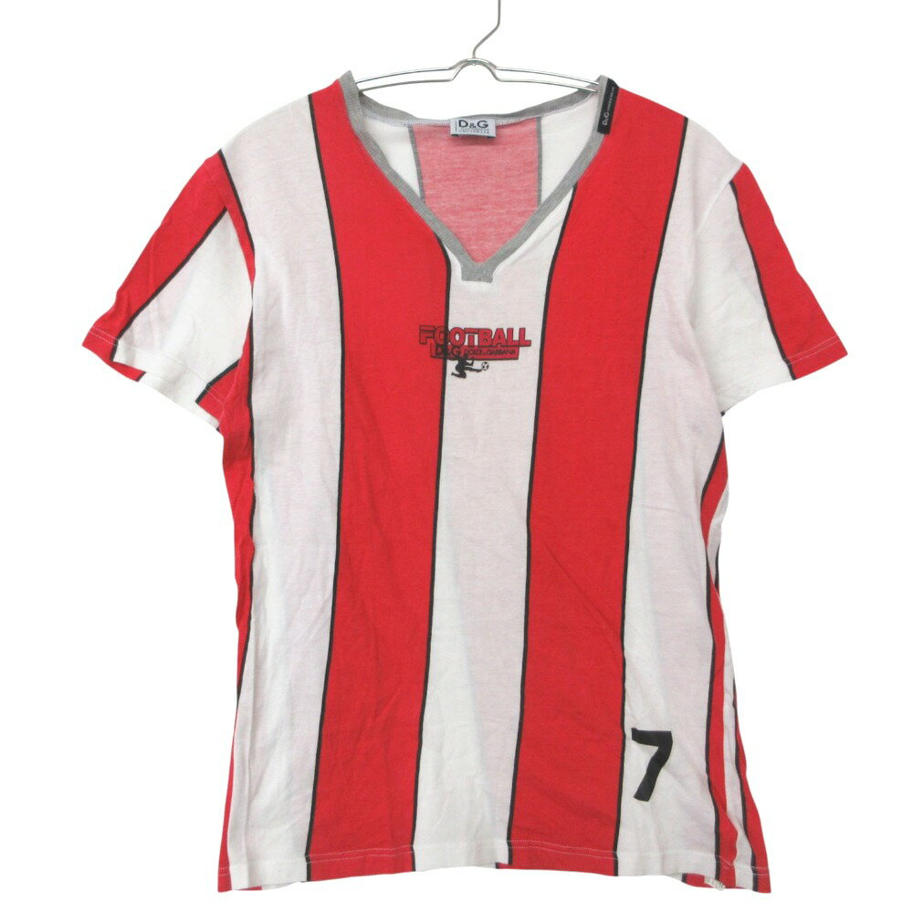乐天商城 - DOLCE&GABBANA ドルチェアンドガッバーナ D&G 半袖Tシャツ Vネック カットソー ロゴ ストライプ レッド XS メンズ 【中古】