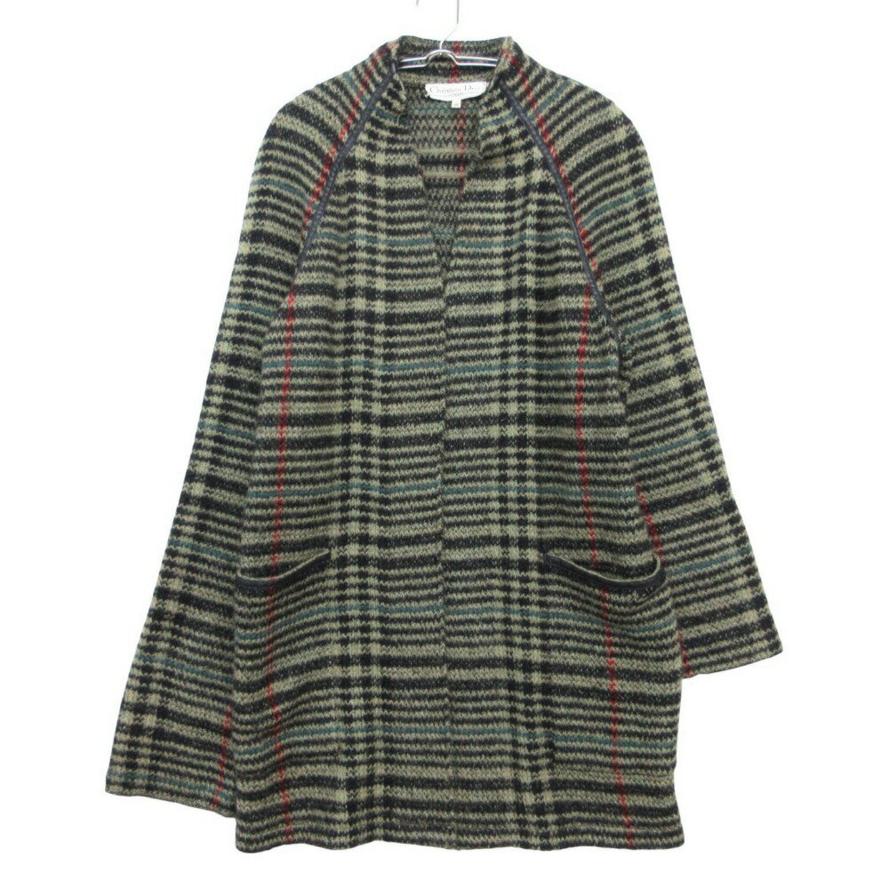 樂天商城 - Vintage Christian Dior クリスチャンディオール ロング カーディガン コート コーディガン スーパーキッドモヘア チェック柄 オールド OLD グリーン 36【S】 レディース 【中古】