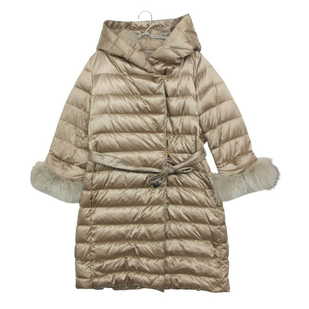 MAX MARA マックスマーラ ダウンジャケット リバーシブル フーデット ナイロン コート フォックスファーカフス ベルト付き アウター シャンパンゴールド 42【M】 レディース 【中古】