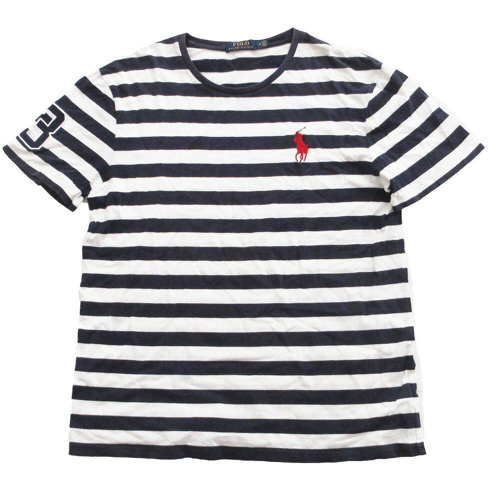 乐天商城 - POLO RALPH LAUREN ポロ・ラルフローレン 半袖Tシャツ ロゴ刺繍 ボーダー柄 ホワイト×ネイビー M レディース 【中古】
