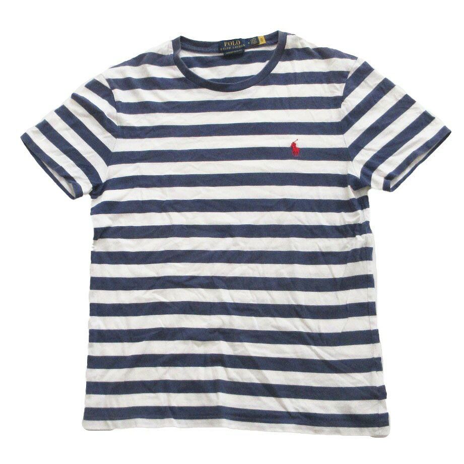 乐天商城 - POLO RALPH LAUREN ポロ・ラルフローレン 半袖Tシャツ ロゴ刺繍 ボーダー柄 ブルー×ホワイト M メンズ 【中古】