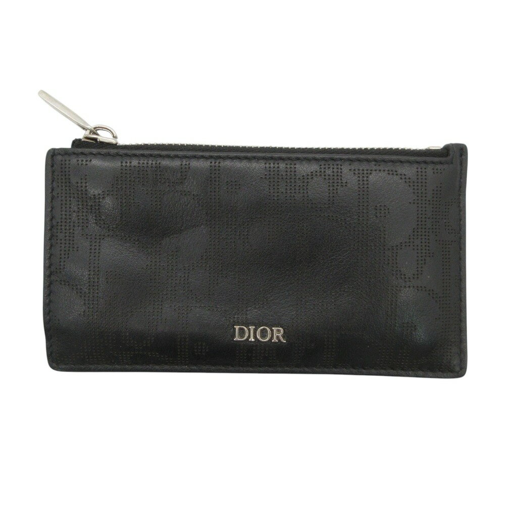 Dior ディオール カードケース ジップ カードホルダー ロゴ パンチング スムース カーフ パスケース 小銭入れ 財布 ミニウォレット オブリーク ギャラクシー コインケース ブラック メンズ レディース 【中古】