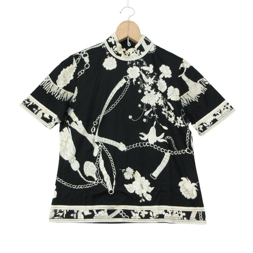 樂天商城 - LEONARD レオナール 半袖Tシャツ フラワープリント ハイネック カットソー 半袖 バックジップ 切替 ブラック M【M】 レディース 【中古】