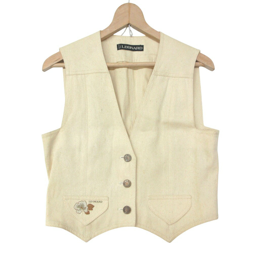 樂天商城 - LEONARD レオナール ベスト シルク100% ブランド ロゴ フラワー 刺繍 ジレベスト トップス 3B ベージュ 9AB2【M】 レディース 【中古】